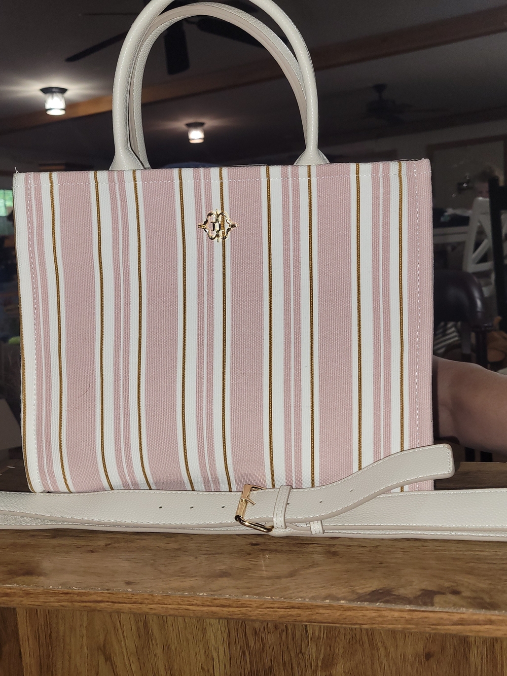 Nanette Lepore Pink & Cream Striped Tote with Gold Logo